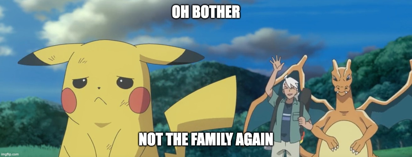 Oh dear | OH BOTHER; NOT THE FAMILY AGAIN | image tagged in pokemon,pokemon horizons,captain pikachu | made w/ Imgflip meme maker