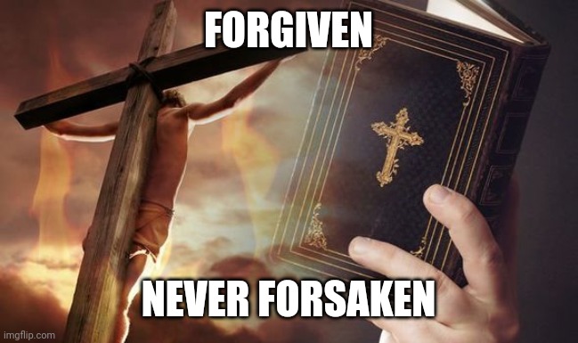 Jesus Cross Bible | FORGIVEN; NEVER FORSAKEN | image tagged in jesus cross bible | made w/ Imgflip meme maker