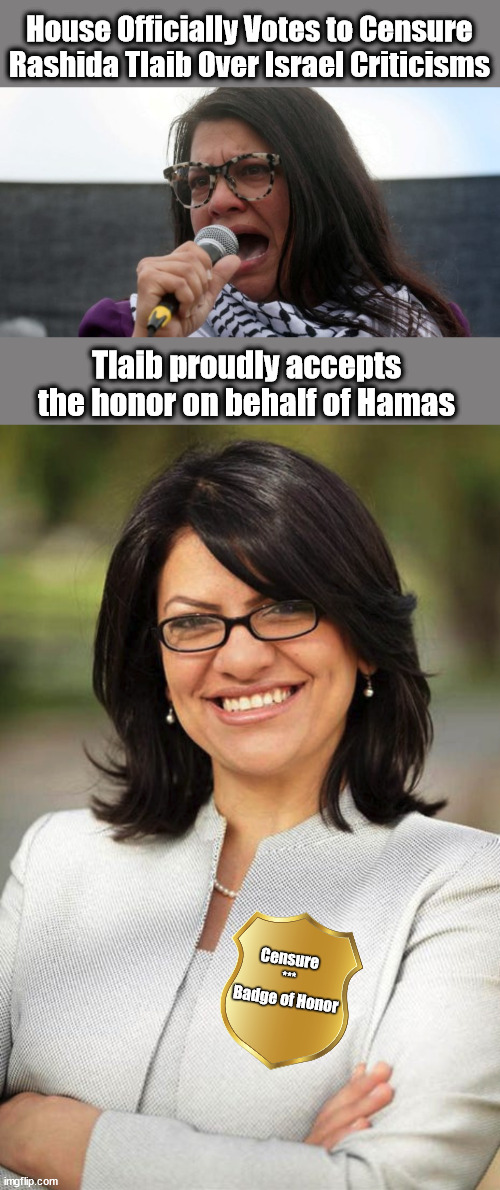 America 2023 | House Officially Votes to Censure Rashida Tlaib Over Israel Criticisms; Tlaib proudly accepts the honor on behalf of Hamas; Censure 
***
Badge of Honor | image tagged in democrats,liberal logic | made w/ Imgflip meme maker