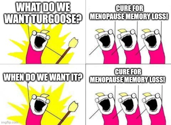 What Do We Want | WHAT DO WE WANT TURGOOSE? CURE FOR MENOPAUSE MEMORY LOSS! CURE FOR MENOPAUSE MEMORY LOSS! WHEN DO WE WANT IT? | image tagged in memes,what do we want | made w/ Imgflip meme maker