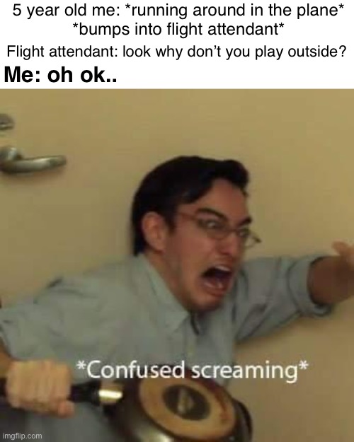 filthy frank confused scream | 5 year old me: *running around in the plane*
*bumps into flight attendant*; Flight attendant: look why don’t you play outside? Me: oh ok.. | image tagged in filthy frank confused scream | made w/ Imgflip meme maker