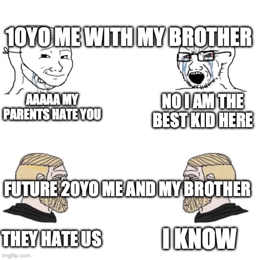 True | 10YO ME WITH MY BROTHER; NO I AM THE BEST KID HERE; AAAAA MY PARENTS HATE YOU; FUTURE 20YO ME AND MY BROTHER; I KNOW; THEY HATE US | image tagged in chad we know,ikda,tyra,trueno | made w/ Imgflip meme maker