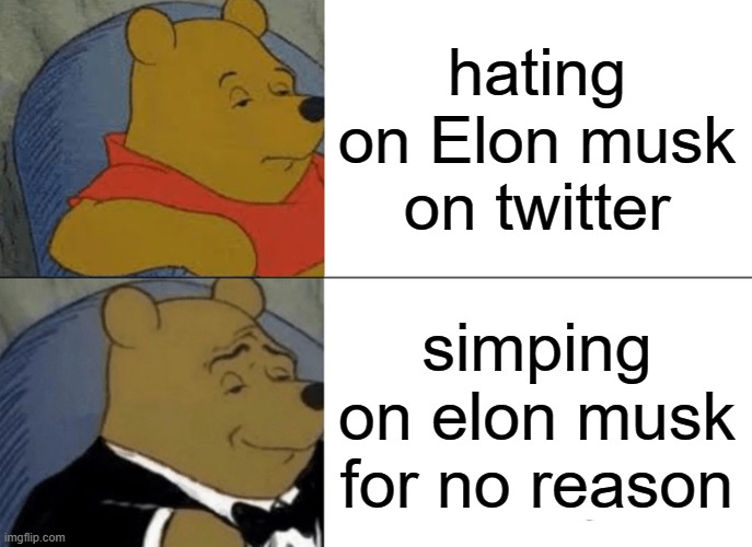 e = lon x musk | hating on Elon musk on twitter; simping on elon musk for no reason | image tagged in memes,tuxedo winnie the pooh | made w/ Imgflip meme maker