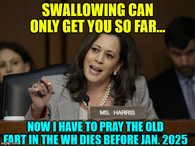 Kamala Harris | SWALLOWING CAN ONLY GET YOU SO FAR... NOW I HAVE TO PRAY THE OLD FART IN THE WH DIES BEFORE JAN. 2025 | image tagged in kamala harris | made w/ Imgflip meme maker