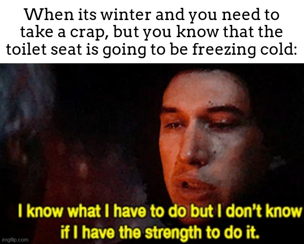 boys/men are lucky because we can stand while peeing | When its winter and you need to take a crap, but you know that the toilet seat is going to be freezing cold: | image tagged in i know what i have to do but i don t know if i have the strength,meme,existent | made w/ Imgflip meme maker