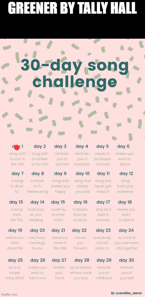 cus, cus theres green in it? green-er? does that count? | GREENER BY TALLY HALL | image tagged in 30 day song challenge | made w/ Imgflip meme maker