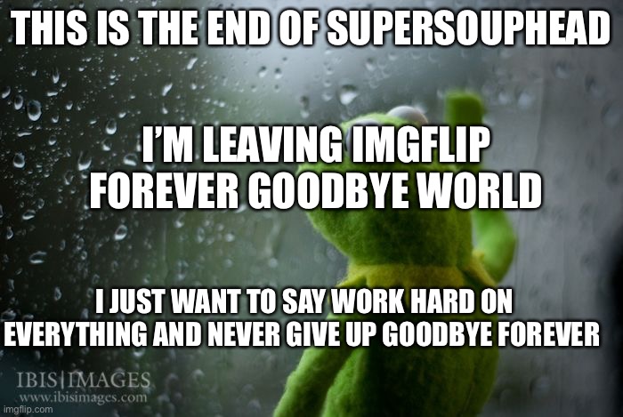 Goodbye imgflip this is the end | THIS IS THE END OF SUPERSOUPHEAD; I’M LEAVING IMGFLIP FOREVER GOODBYE WORLD; I JUST WANT TO SAY WORK HARD ON EVERYTHING AND NEVER GIVE UP GOODBYE FOREVER | image tagged in kermit window,sad,goodbye | made w/ Imgflip meme maker