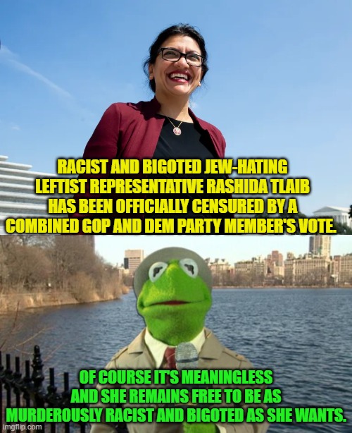 Nothing changes, but at least now it's on the record. | RACIST AND BIGOTED JEW-HATING LEFTIST REPRESENTATIVE RASHIDA TLAIB HAS BEEN OFFICIALLY CENSURED BY A COMBINED GOP AND DEM PARTY MEMBER'S VOTE. OF COURSE IT'S MEANINGLESS AND SHE REMAINS FREE TO BE AS MURDEROUSLY RACIST AND BIGOTED AS SHE WANTS. | image tagged in yep | made w/ Imgflip meme maker