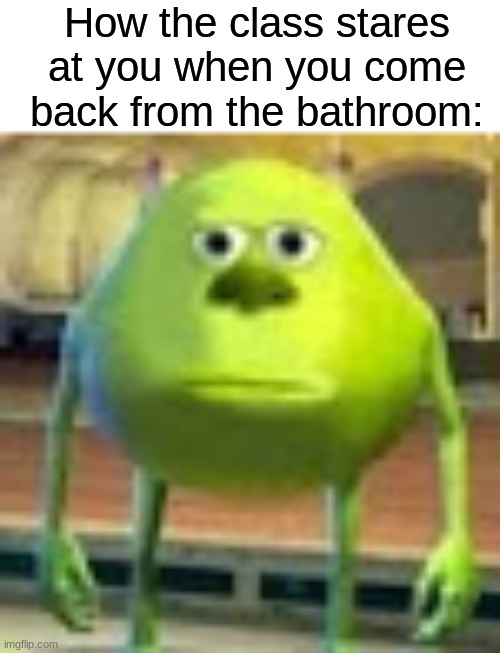 real | How the class stares at you when you come back from the bathroom: | image tagged in sully wazowski,relatable,funny,memes,school | made w/ Imgflip meme maker