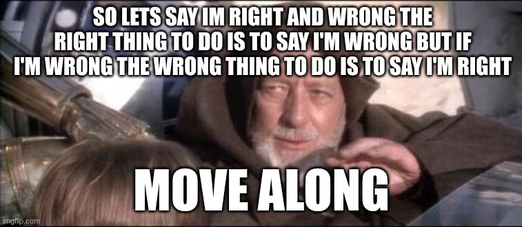 These Aren't The Droids You Were Looking For | SO LETS SAY IM RIGHT AND WRONG THE RIGHT THING TO DO IS TO SAY I'M WRONG BUT IF I'M WRONG THE WRONG THING TO DO IS TO SAY I'M RIGHT; MOVE ALONG | image tagged in memes,these aren't the droids you were looking for | made w/ Imgflip meme maker