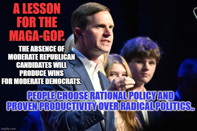 Democrats are friendly to moderate Republicans. The MAGA-Gop call them RINOs. | A LESSON FOR THE MAGA-GOP. THE ABSENCE OF MODERATE REPUBLICAN CANDIDATES WILL PRODUCE WINS FOR MODERATE DEMOCRATS. PEOPLE CHOOSE RATIONAL POLICY AND PROVEN PRODUCTIVITY OVER RADICAL POLITICS.. | image tagged in politics | made w/ Imgflip meme maker