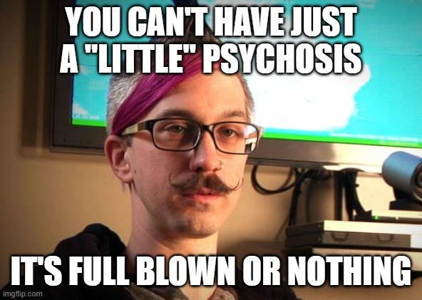 SJW Cuck | YOU CAN'T HAVE JUST A "LITTLE" PSYCHOSIS IT'S FULL BLOWN OR NOTHING | image tagged in sjw cuck | made w/ Imgflip meme maker