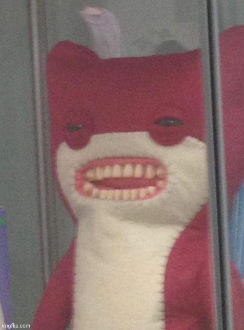 no | Anyone: A plushie with human teeth doesnt exist! It cant hurt you! 
A plushie with human teeth: | image tagged in please no,why | made w/ Imgflip meme maker