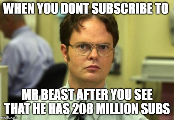 Dwight Schrute | WHEN YOU DONT SUBSCRIBE TO; MR BEAST AFTER YOU SEE THAT HE HAS 208 MILLION SUBS | image tagged in memes,dwight schrute | made w/ Imgflip meme maker