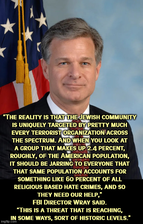 “The reality is that the Jewish community 
is uniquely targeted by pretty much 
every terrorist organization across 
the spectrum. And when you look at 
a group that makes up 2.4 percent, 
roughly, of the American population, 
it should be jarring to everyone that 
that same population accounts for 
something like 60 percent of all 
religious based hate crimes, and so 
they need our help,” 
FBI Director Wray said. 
“This is a threat that is reaching, 
in some ways, sort of historic levels.” | image tagged in american,jews,target,violence,hatred,bigotry | made w/ Imgflip meme maker