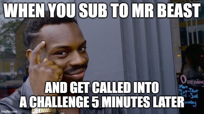 Roll Safe Think About It | WHEN YOU SUB TO MR BEAST; AND GET CALLED INTO A CHALLENGE 5 MINUTES LATER | image tagged in memes,roll safe think about it | made w/ Imgflip meme maker
