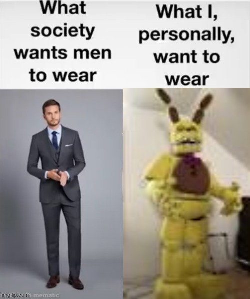What society wants men to wear vs me | image tagged in what society wants men to wear vs me | made w/ Imgflip meme maker