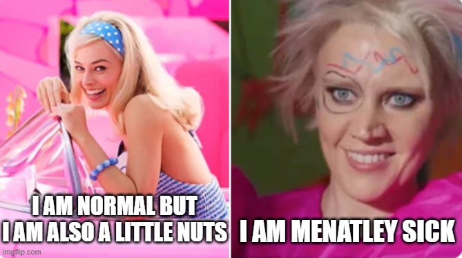 barbie vs weird barbie | I AM MENATLEY SICK; I AM NORMAL BUT I AM ALSO A LITTLE NUTS | image tagged in barbie vs weird barbie | made w/ Imgflip meme maker