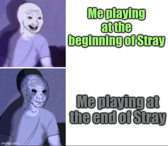 Stray be like | Me playing at the beginning of Stray; Me playing at the end of Stray | image tagged in happy to sad,video game,relatable,cat,sad | made w/ Imgflip meme maker
