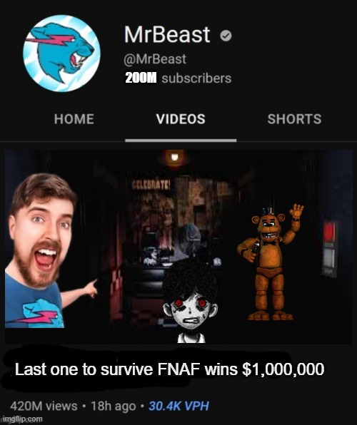 Last one to survive FNAF wins $1,000,000 | 200M; Last one to survive FNAF wins $1,000,000 | image tagged in mrbeast thumbnail template | made w/ Imgflip meme maker