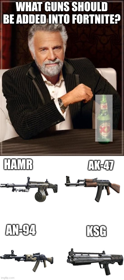 What guns should be added to Fortnite? | WHAT GUNS SHOULD BE ADDED INTO FORTNITE? HAMR; AK-47; AN-94; KSG | image tagged in memes,the most interesting man in the world,blank transparent square,fortnite | made w/ Imgflip meme maker