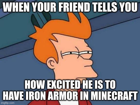 Noobs | WHEN YOUR FRIEND TELLS YOU; HOW EXCITED HE IS TO HAVE IRON ARMOR IN MINECRAFT | image tagged in memes,futurama fry | made w/ Imgflip meme maker