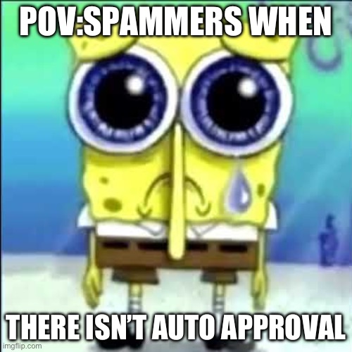 Sad Spongebob | POV:SPAMMERS WHEN; THERE ISN’T AUTO APPROVAL | image tagged in sad spongebob | made w/ Imgflip meme maker