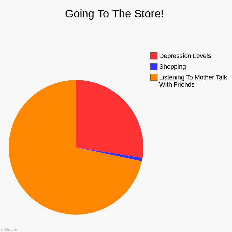 Going To The Store! | Listening To Mother Talk With Friends, Shopping, Depression Levels | image tagged in charts,pie charts,store | made w/ Imgflip chart maker