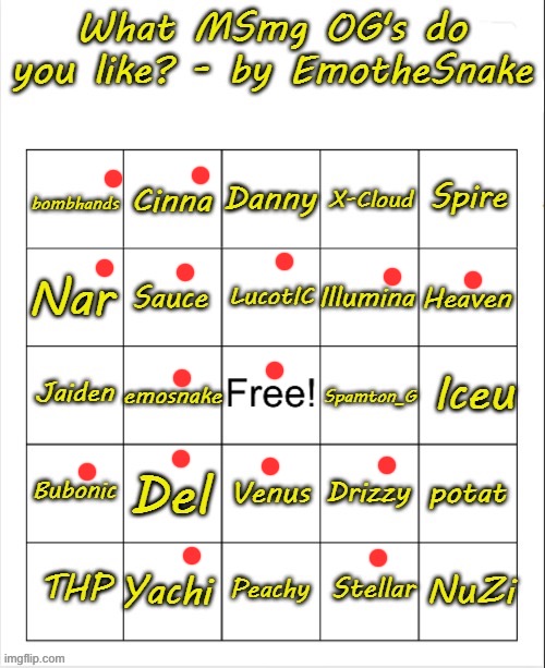 What MSmg OG's do you like? - bingo by EmotheSnake | image tagged in what msmg og's do you like - bingo by emothesnake | made w/ Imgflip meme maker