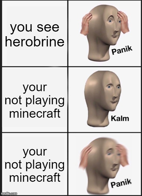 herobrine IRL | you see herobrine; your not playing minecraft; your not playing minecraft | image tagged in memes,panik kalm panik,minecraft,herobrine | made w/ Imgflip meme maker