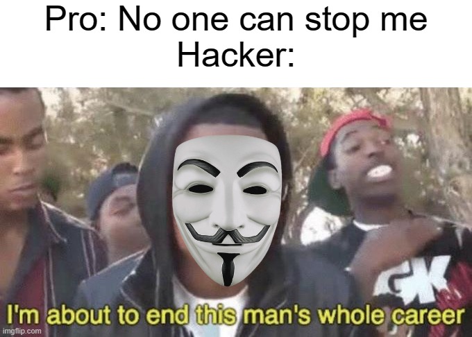 WHy the hacker hating us? | Pro: No one can stop me
Hacker: | image tagged in i m about to end this man s whole career,hackers | made w/ Imgflip meme maker