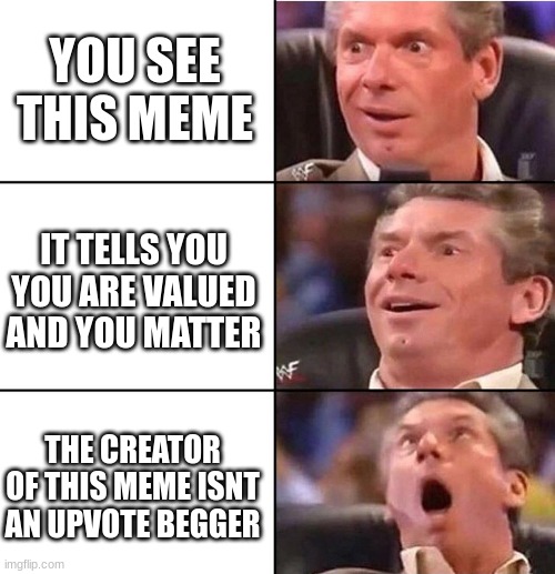 Vince McMahon | YOU SEE THIS MEME; IT TELLS YOU YOU ARE VALUED AND YOU MATTER; THE CREATOR OF THIS MEME ISNT AN UPVOTE BEGGER | image tagged in vince mcmahon | made w/ Imgflip meme maker