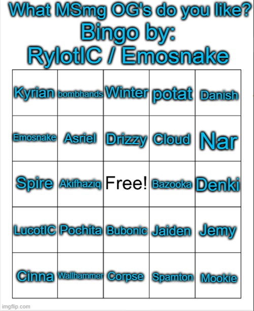 What MSmg OG's do you like? Bingo by: RylotIC / Emosnake Blank Meme Template