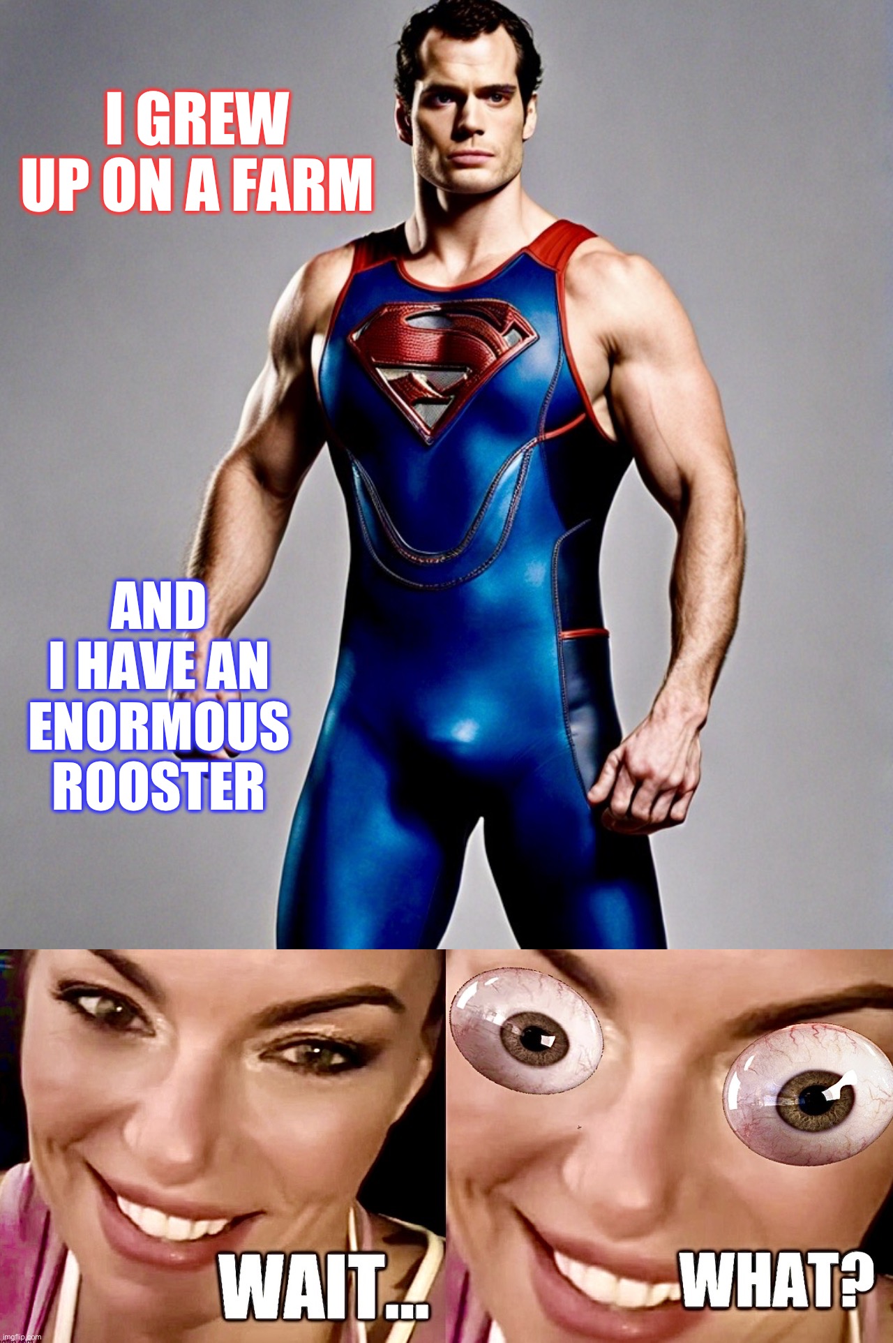 That rooster is henpecked | I GREW UP ON A FARM; AND I HAVE AN ENORMOUS ROOSTER | image tagged in superman,henry cavill,memes,rooster,wait what,man of steel | made w/ Imgflip meme maker
