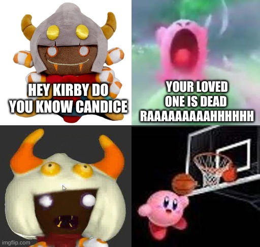 I'm losing my grip on reality | YOUR LOVED ONE IS DEAD 
RAAAAAAAAAHHHHHH; HEY KIRBY DO YOU KNOW CANDICE | image tagged in blank white template,bad meme,kirby,taranza,hey carnage do you know candice | made w/ Imgflip meme maker