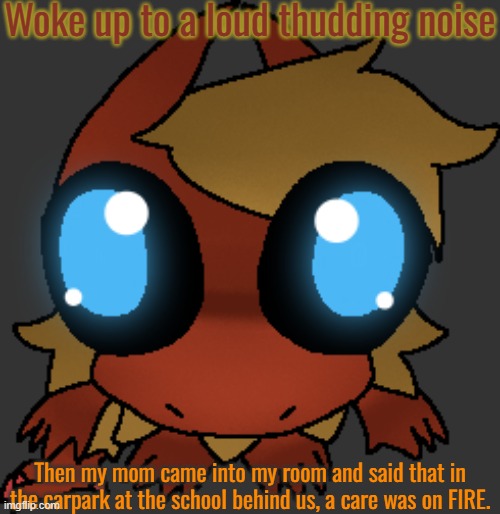 . | Woke up to a loud thudding noise; Then my mom came into my room and said that in the carpark at the school behind us, a care was on FIRE. | image tagged in what | made w/ Imgflip meme maker