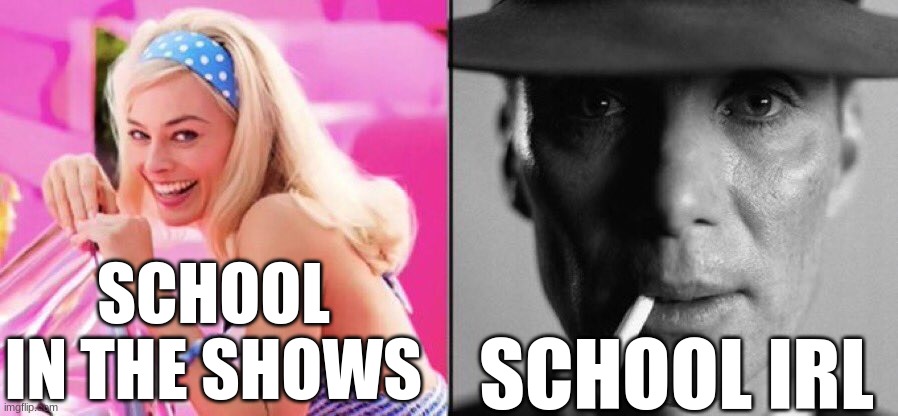 fr | SCHOOL IN THE SHOWS; SCHOOL IRL | image tagged in barbie oppenheimer,school,shows,pain,why,fr | made w/ Imgflip meme maker