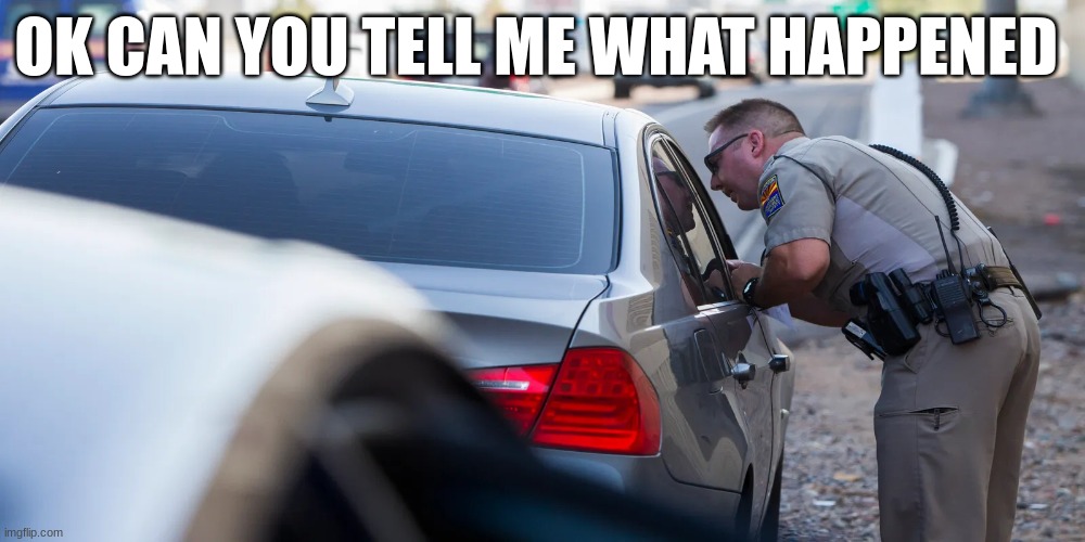 police | OK CAN YOU TELL ME WHAT HAPPENED | image tagged in police | made w/ Imgflip meme maker