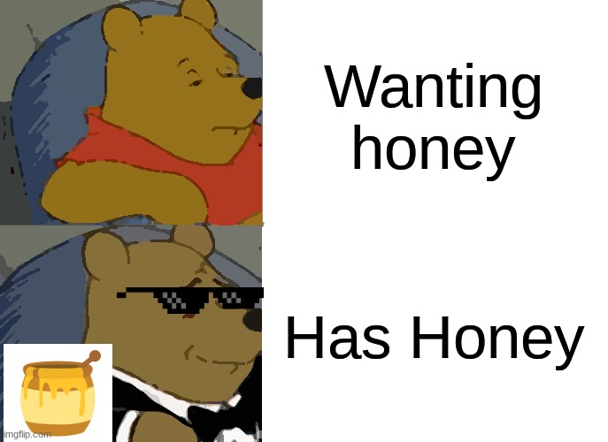 Tuxedo Winnie The Pooh | Wanting honey; Has Honey | image tagged in memes,tuxedo winnie the pooh | made w/ Imgflip meme maker