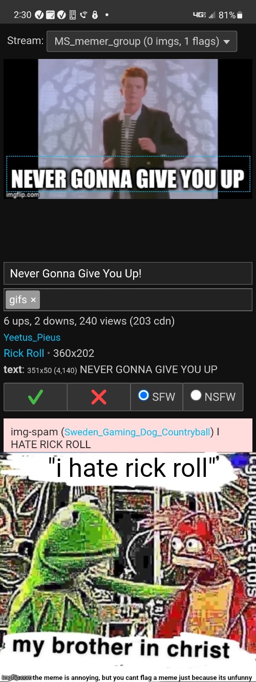 "i hate rick roll"; i know the meme is annoying, but you cant flag a meme just because its unfunny | image tagged in my brother in christ | made w/ Imgflip meme maker