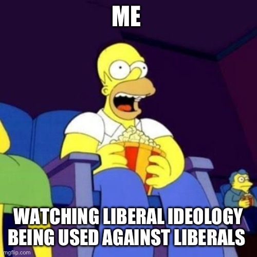Homer eating popcorn | ME WATCHING LIBERAL IDEOLOGY BEING USED AGAINST LIBERALS | image tagged in homer eating popcorn | made w/ Imgflip meme maker