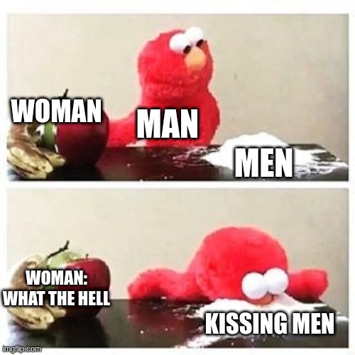 elmo cocaine | WOMAN; MAN; MEN; WOMAN: WHAT THE HELL; KISSING MEN | image tagged in elmo cocaine | made w/ Imgflip meme maker