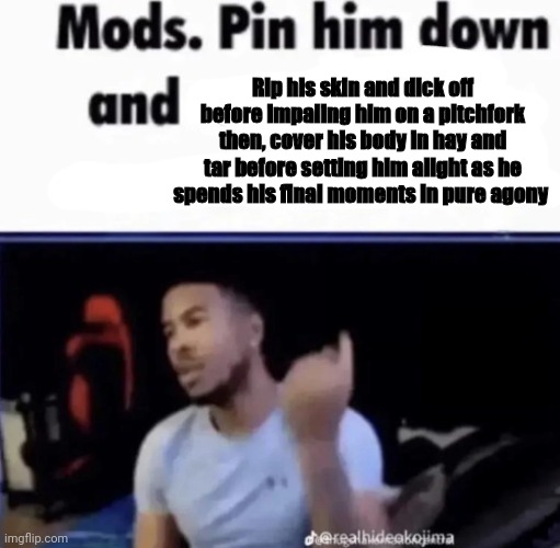 New trend | Rip his skin and dick off before impaling him on a pitchfork then, cover his body in hay and tar before setting him alight as he spends his final moments in pure agony | image tagged in mods pin him down and twist his nuts counter-clockwise,memes,funny,stop reading the tags | made w/ Imgflip meme maker