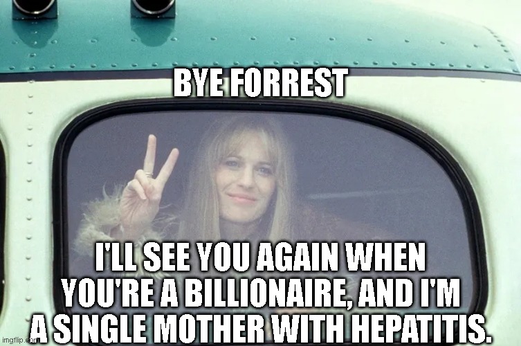 Jenny Forrest Gump Bus Window | BYE FORREST; I'LL SEE YOU AGAIN WHEN YOU'RE A BILLIONAIRE, AND I'M A SINGLE MOTHER WITH HEPATITIS. | image tagged in jenny forrest gump bus window | made w/ Imgflip meme maker