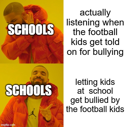 Drake Hotline Bling | actually listening when the football kids get told on for bullying; SCHOOLS; letting kids at  school get bullied by the football kids; SCHOOLS | image tagged in memes,drake hotline bling | made w/ Imgflip meme maker