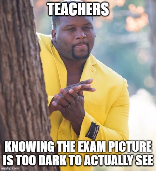 Exam pictures | TEACHERS; KNOWING THE EXAM PICTURE IS TOO DARK TO ACTUALLY SEE | image tagged in black guy hiding behind tree | made w/ Imgflip meme maker