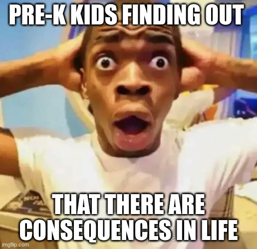 Shocked black guy | PRE-K KIDS FINDING OUT; THAT THERE ARE CONSEQUENCES IN LIFE | image tagged in shocked black guy | made w/ Imgflip meme maker