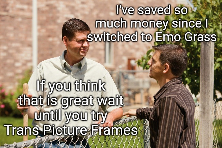 I've saved so much money since I switched to Emo Grass; If you think that is great wait until you try Trans Picture Frames | made w/ Imgflip meme maker