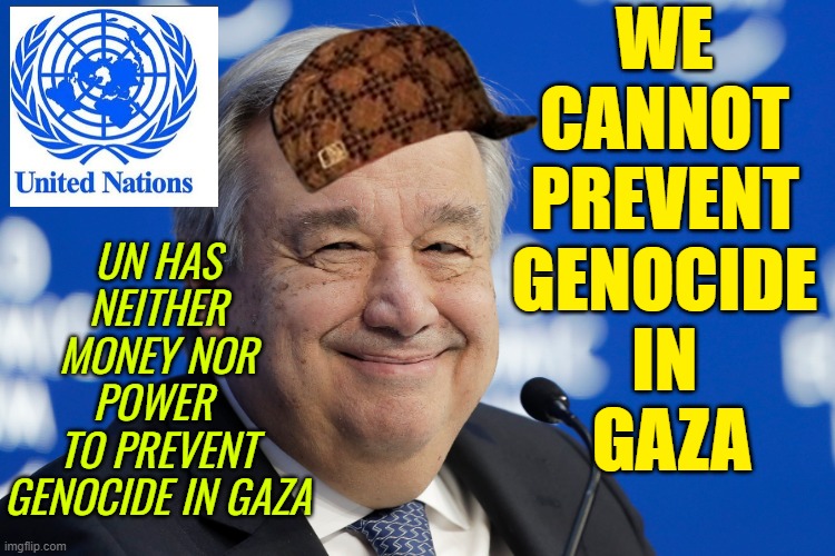 Guterres: We Cannot Prevent Genocide in Gaza | WE 
CANNOT 
PREVENT 
GENOCIDE 
IN 
GAZA; UN HAS NEITHER MONEY NOR POWER 
TO PREVENT GENOCIDE IN GAZA | image tagged in ant nio guterres united nations,genocide,palestine,united nations,israel,united states of america | made w/ Imgflip meme maker