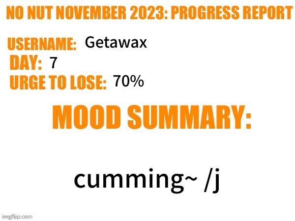 No Nut November 2023 Progress Report | Getawax 7 70% cumming~ /j | image tagged in no nut november 2023 progress report | made w/ Imgflip meme maker